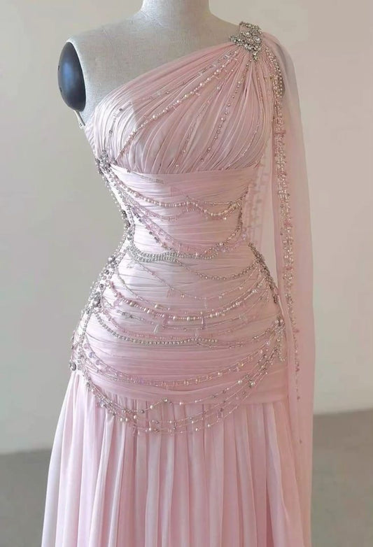 Vintage A Line One Shoulder Pink Chiffon Floor Length Prom Dresses Beads Evening Dress      S5591