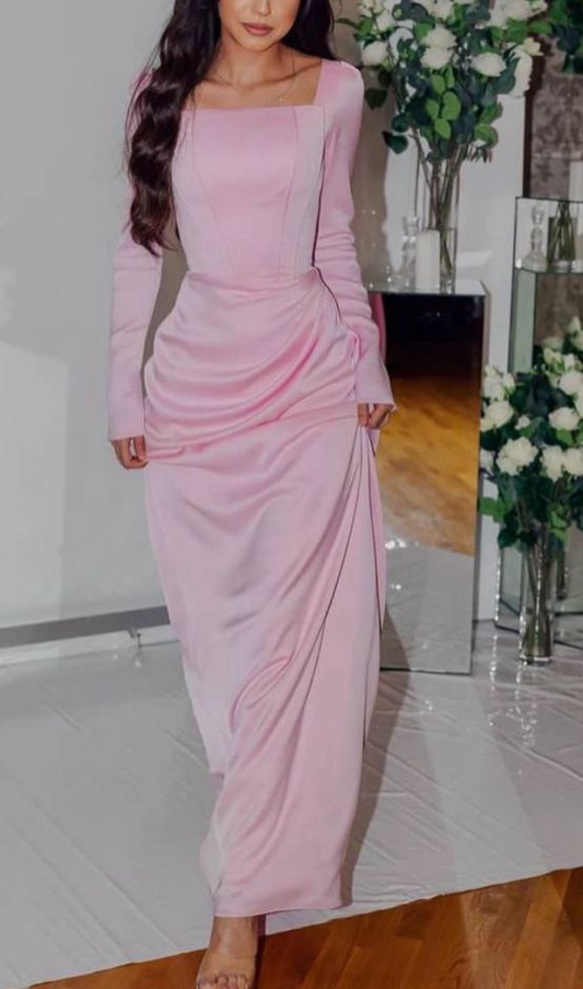 Elegant Pleated Prom Dress with Square Neckline Stunning Pink Long Evening Dresses     S7054