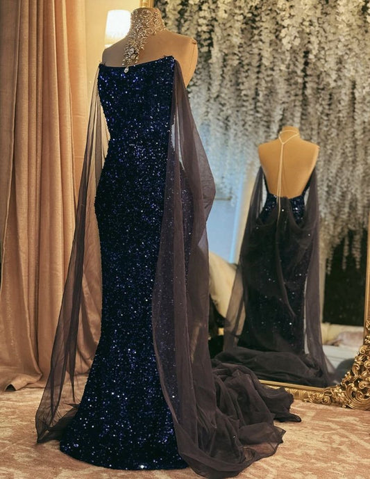 Navy Blue Sequin Mermaid Party Prom Dresses Long Evening Dress       S6576