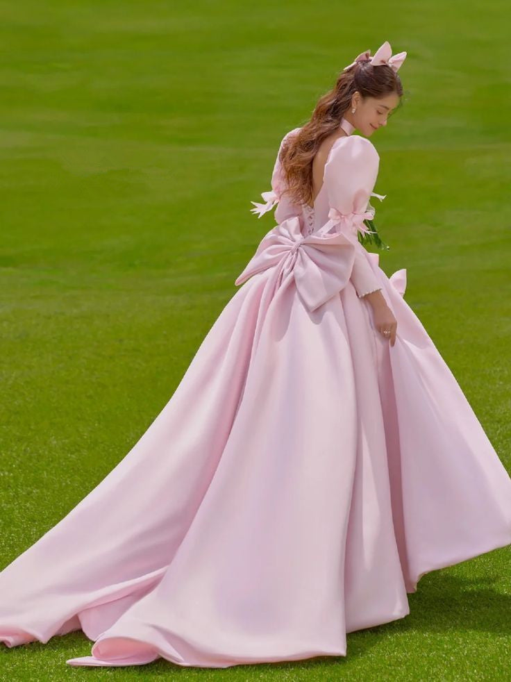 Elegant pink satin puff sleeve dress with ribbons pink Evening Dresses          S6488