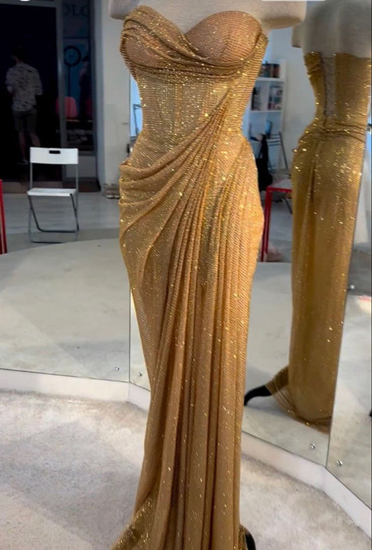 Strapless Mermaid Long Gold Prom Dress Long Formal Dress          S6177