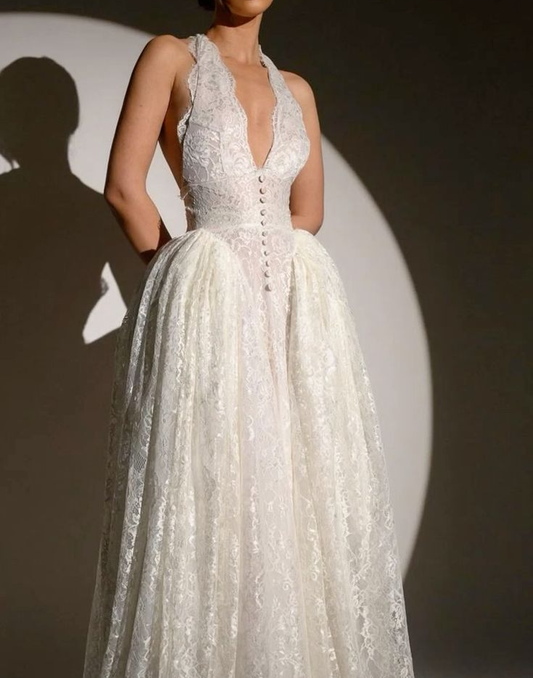 A Line V Neck Lace Wedding Dress Princess Bridal Gown        S6975