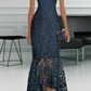 Navy blue lace v neck prom dress, long evening gown      S7000