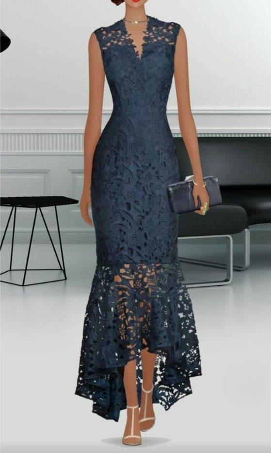 Navy blue lace v neck prom dress, long evening gown      S7000