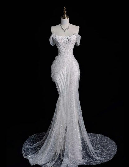 Elegant Mermaid Off The Shoulder Sequin Long White Wedding Dresses     S6566