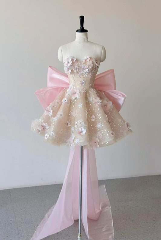 Ball Gown A-line Short Prom Dress, 3d Flower Prom Dresses, Pink Prom Dresses,Sweetheart Neck Prom Dresses    S6361