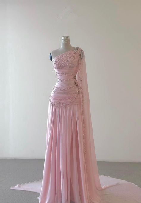 Vintage A Line One Shoulder Pink Chiffon Floor Length Prom Dresses Beads Evening Dress      S5591