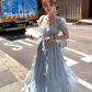 Blue short-sleeved square collar long waist dress summer French retro temperament high waist skirt R4706