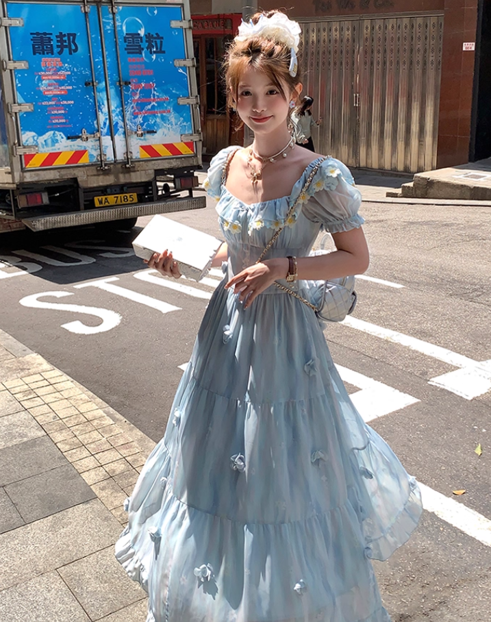 Blue short-sleeved square collar long waist dress summer French retro temperament high waist skirt R4706