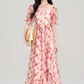 French red floral puff sleeve square neck dress holiday style waist big swing skirt R2403