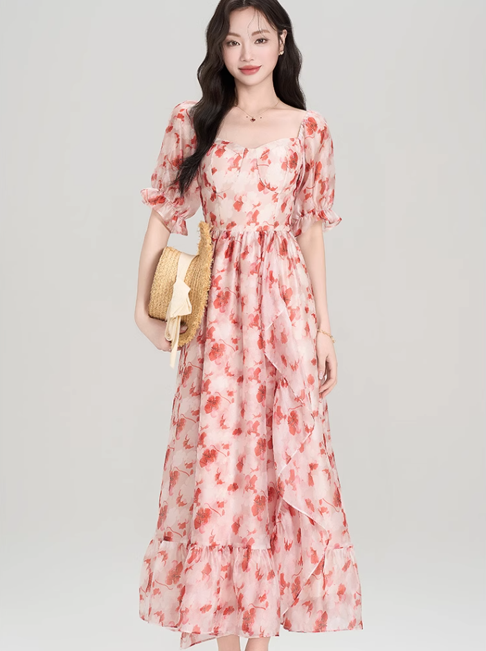 French red floral puff sleeve square neck dress holiday style waist big swing skirt R2403