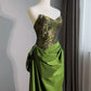 Green Strapless A Line Satin Long Prom Dress Retro Evening Gown       S5623