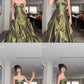 Pretty Ball Gown Strapless Green Satin Long Prom Dresses With Silver Beads        S5624