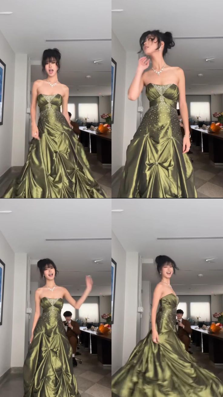 Pretty Ball Gown Strapless Green Satin Long Prom Dresses With Silver Beads        S5624