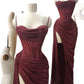 Burgundy Spaghetti Strap Sleeveless Long Split Prom Dress      S6460