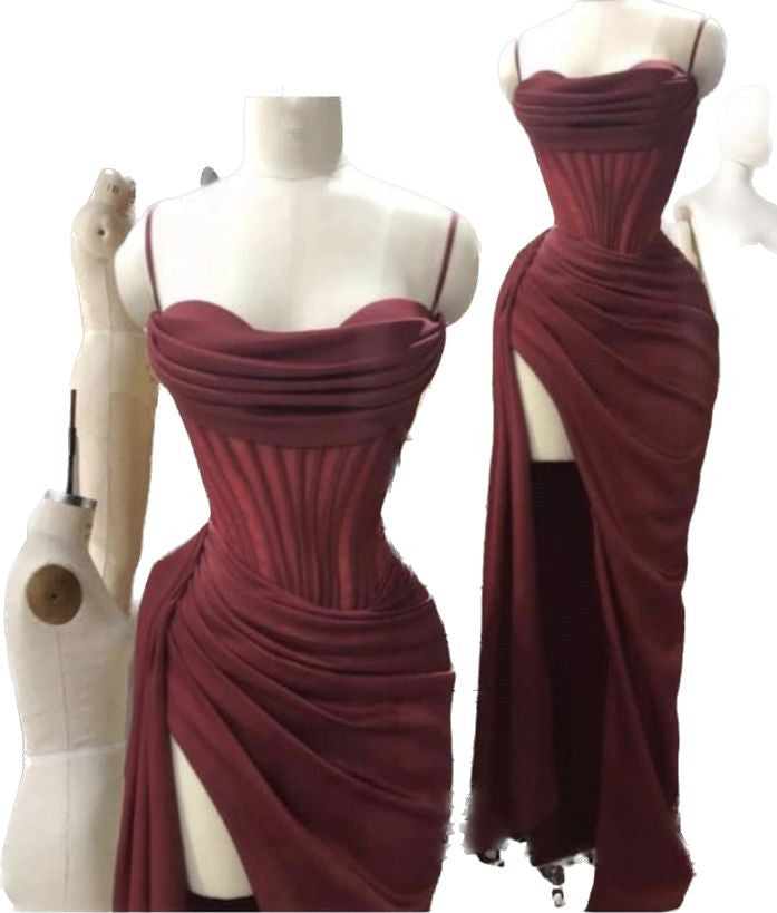 Burgundy Spaghetti Strap Sleeveless Long Split Prom Dress      S6460