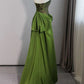 Green Strapless A Line Satin Long Prom Dress Retro Evening Gown       S5623