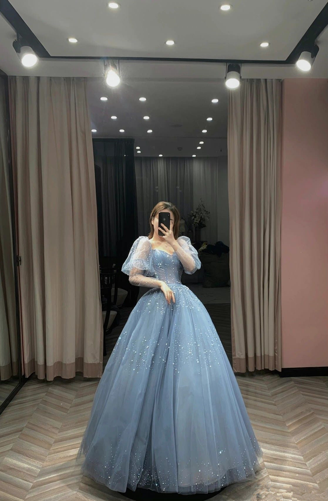 Blue Long Sleeves Prom Dresses A Line Sweetheart Tulle Long Prom Dress      S6428