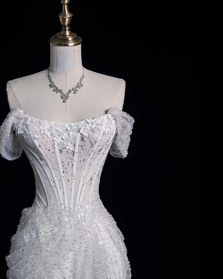 Elegant Mermaid Off The Shoulder Sequin Long White Wedding Dresses     S6566