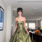 Pretty Ball Gown Strapless Green Satin Long Prom Dresses With Silver Beads        S5624