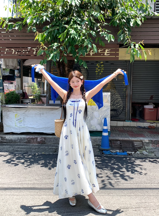 Women's summer French retro slim fit dress with waist suspenders R4698