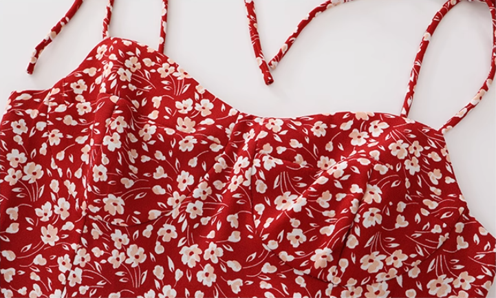French holiday style short red 2025 new floral suspender dress R2646