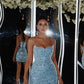 Blue sequined suspenders waist slim hip skirt homecoming dress R3745