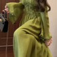 Green v-neck long-sleeved dress, niche style, no-collar retro waist temperament long skirt R0473