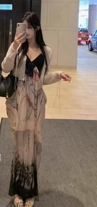 Ink print dress sexy backless holiday design sling sexy V-neck lazy skirt R1489