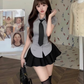 College style short-sleeved waisted gray shirt 2025 sweet and spicy puffy skirt pants suit R1193