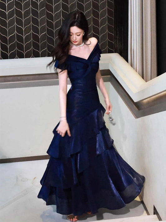 Sophisticated Elegant Royal Blue A-Line Off-the-shoulder Satin Dress with Cascaade Fold Evening Dress Prom Dress  RS006