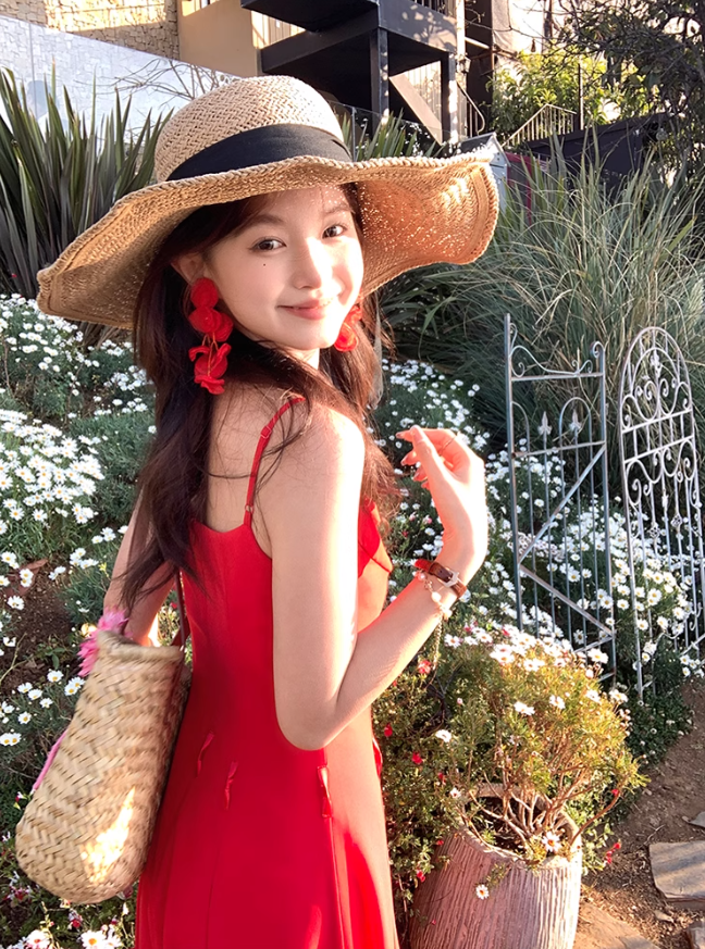 Red mid-length waist suspender dress summer retro temperament high-end skirt R4861