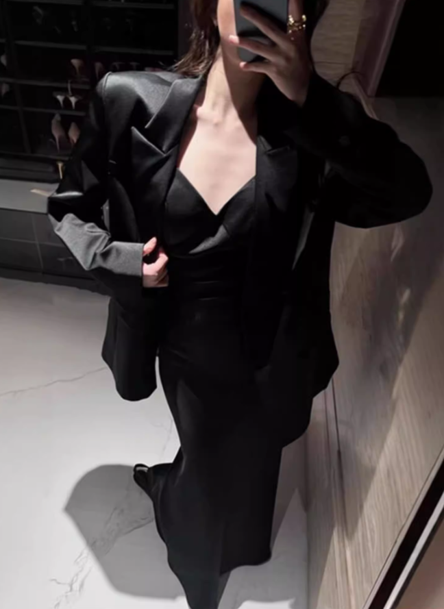 French high-end satin suit jacket 2025 sister style backless suspender skirt suit R1374