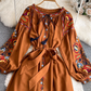 Retro ethnic style lantern sleeve embroidery round neck waist A-line cotton and linen elegant dress R0318