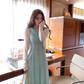 Blue long waist suspender dress women's summer French retro thousand gold skirt R4624
