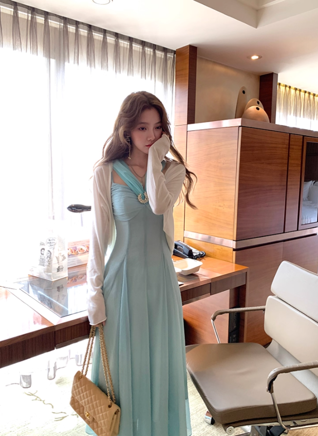 Blue long waist suspender dress women's summer French retro thousand gold skirt R4624