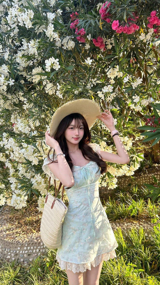 Light green floral lace trim slim and fresh A-line skirt homecoming dress R2525