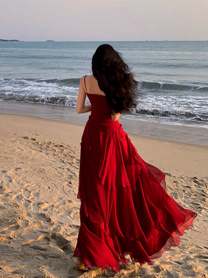 Fairy waist slimming big swing red dress holiday beach long dress tube top ruffled suspender skirt R1719