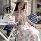 Long waist square neck printed suspender dress for women summer French temperament skirt R4745