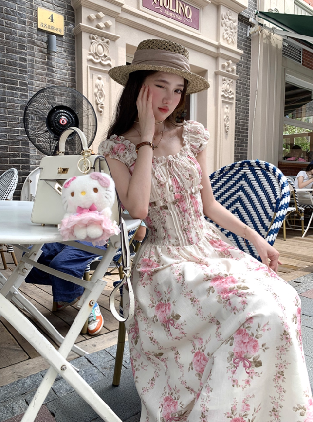 Long waist square neck printed suspender dress for women summer French temperament skirt R4745