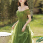 Elegant Bud Green Dress A-Line Sheer Straps Stain Party Dress Birthday Dess with Tulle Fold RS013