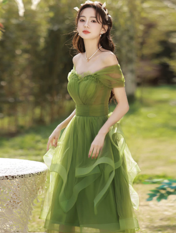 Elegant Bud Green Dress A-Line Sheer Straps Stain Party Dress Birthday Dess with Tulle Fold RS013