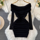 Pure sexy one-shoulder off-shoulder waisted petite short pleated mesh hip-wrapped bottoming dress R0386