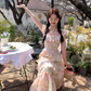 Long square neck small flying sleeve waist printed A-line dress summer French skirt R4905