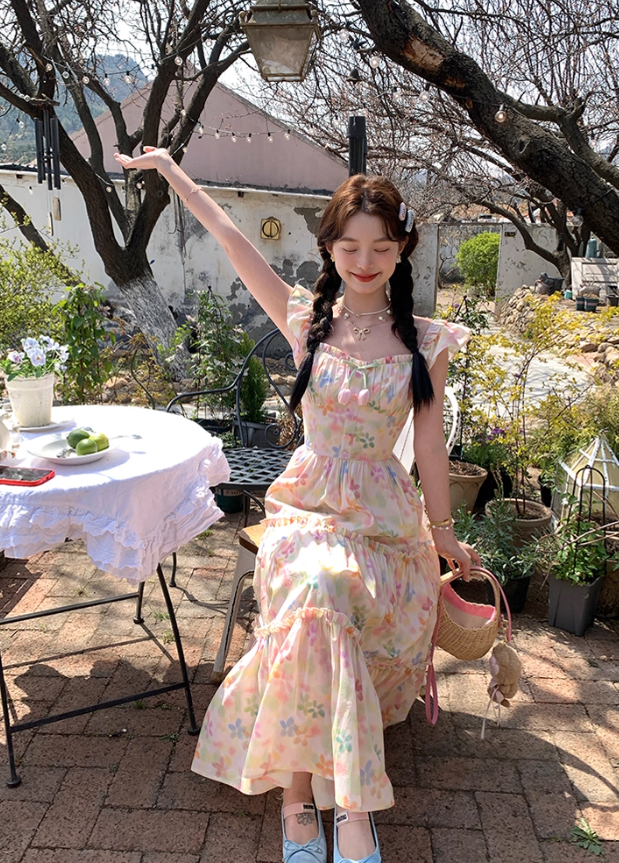 Long square neck small flying sleeve waist printed A-line dress summer French skirt R4905