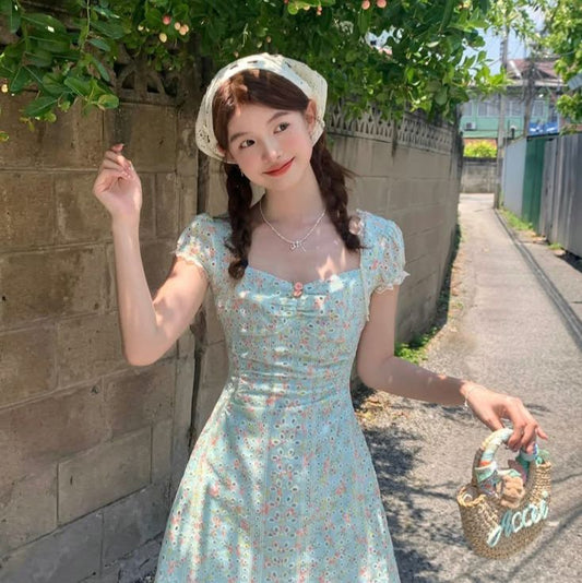 Light green floral slim fresh and cute short skirt homecoming dress R2535