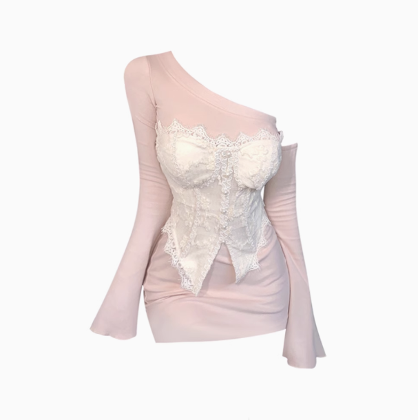 Pure lace fishbone tube top 2025 oblique shoulder trumpet sleeve hip skirt suit R1360