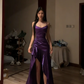 Dark blue halter-neck fitted waist slim slit sexy long ball gown R8069