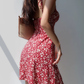 Retro girl red floral suspender skirt slim fit waist strappy short skirt holiday dress R2804