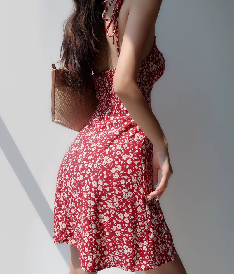 Retro girl red floral suspender skirt slim fit waist strappy short skirt holiday dress R2804